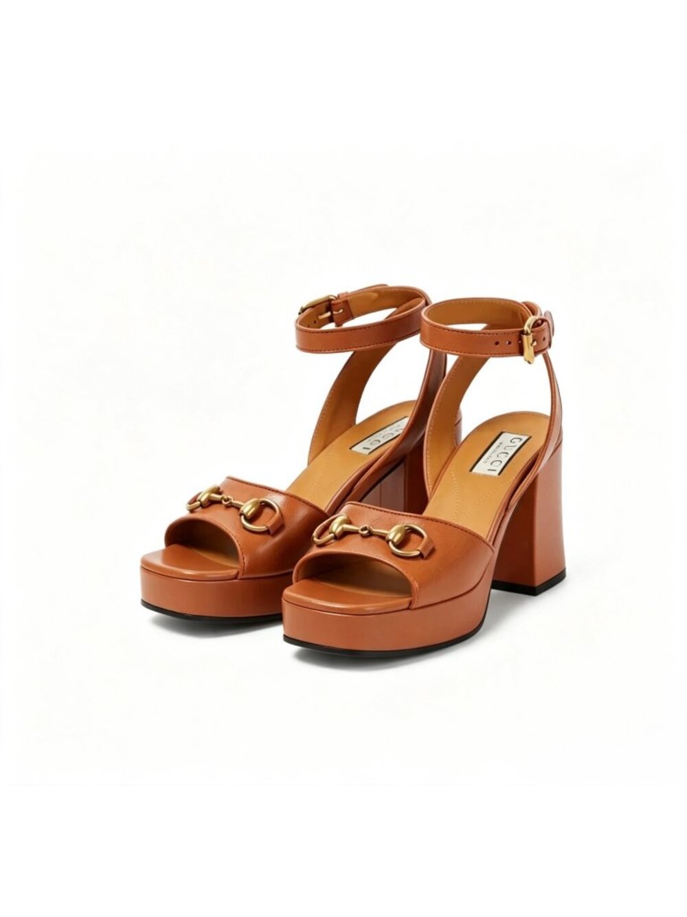 Gucci Quentin Granada Kid Horsebit Platform  Block‑heel Sandals Harness Brown EU